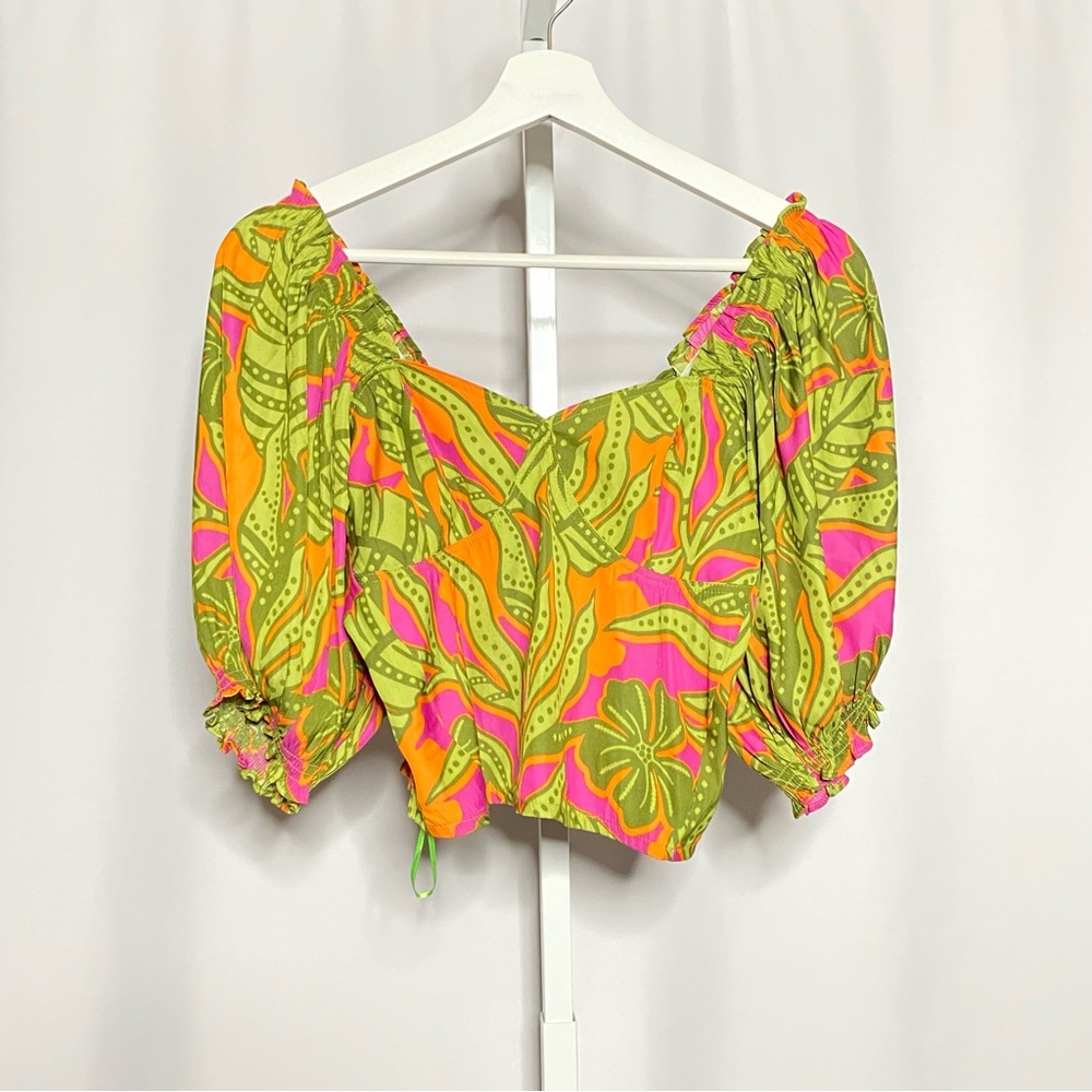 Rose Olive Floral Print Puff Sleeve Crop Top • S